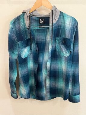 WXYZ Men’s Hooded Flannel Shacket - Teal/Blue Plaid - Size Medium